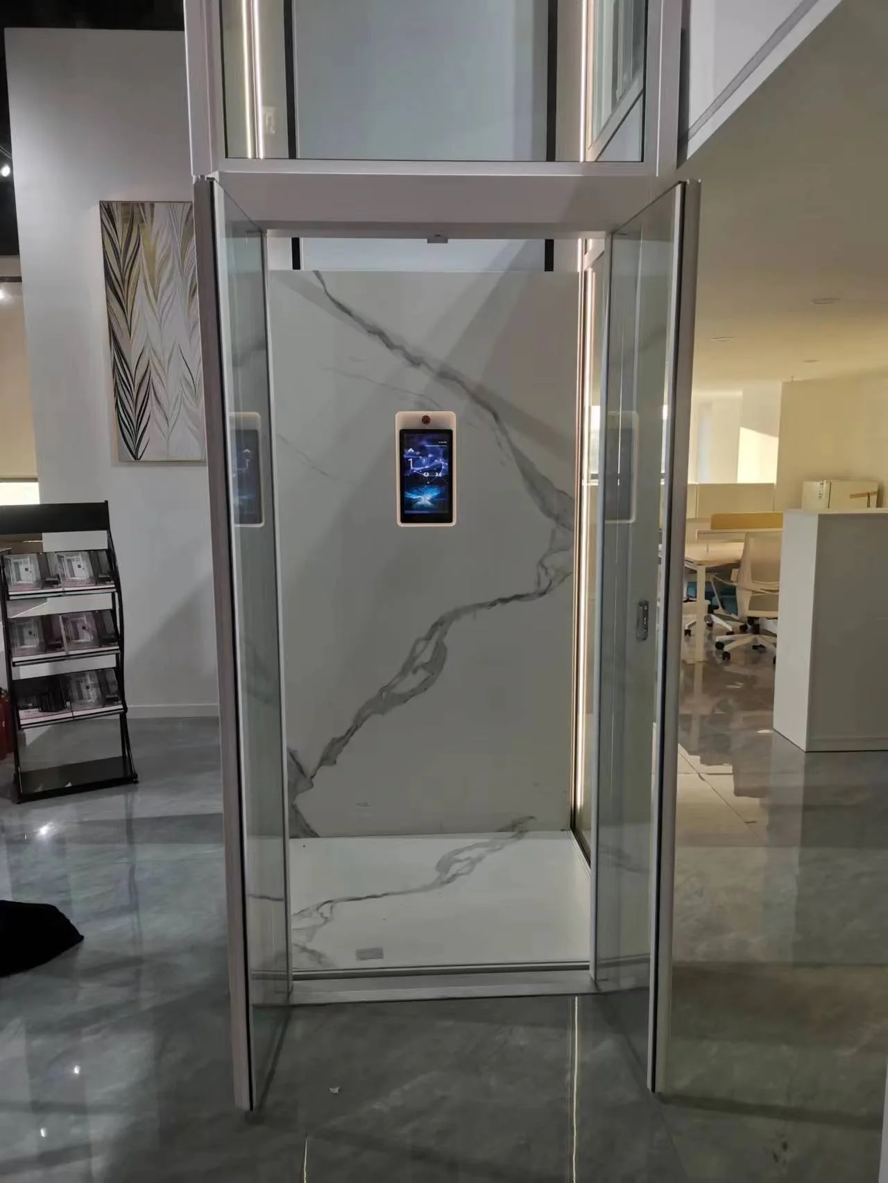 Home lift with a marble-effect interior finish