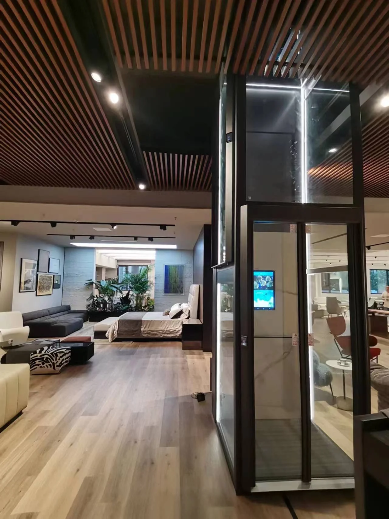 Glass lift alongside an open-plan living space