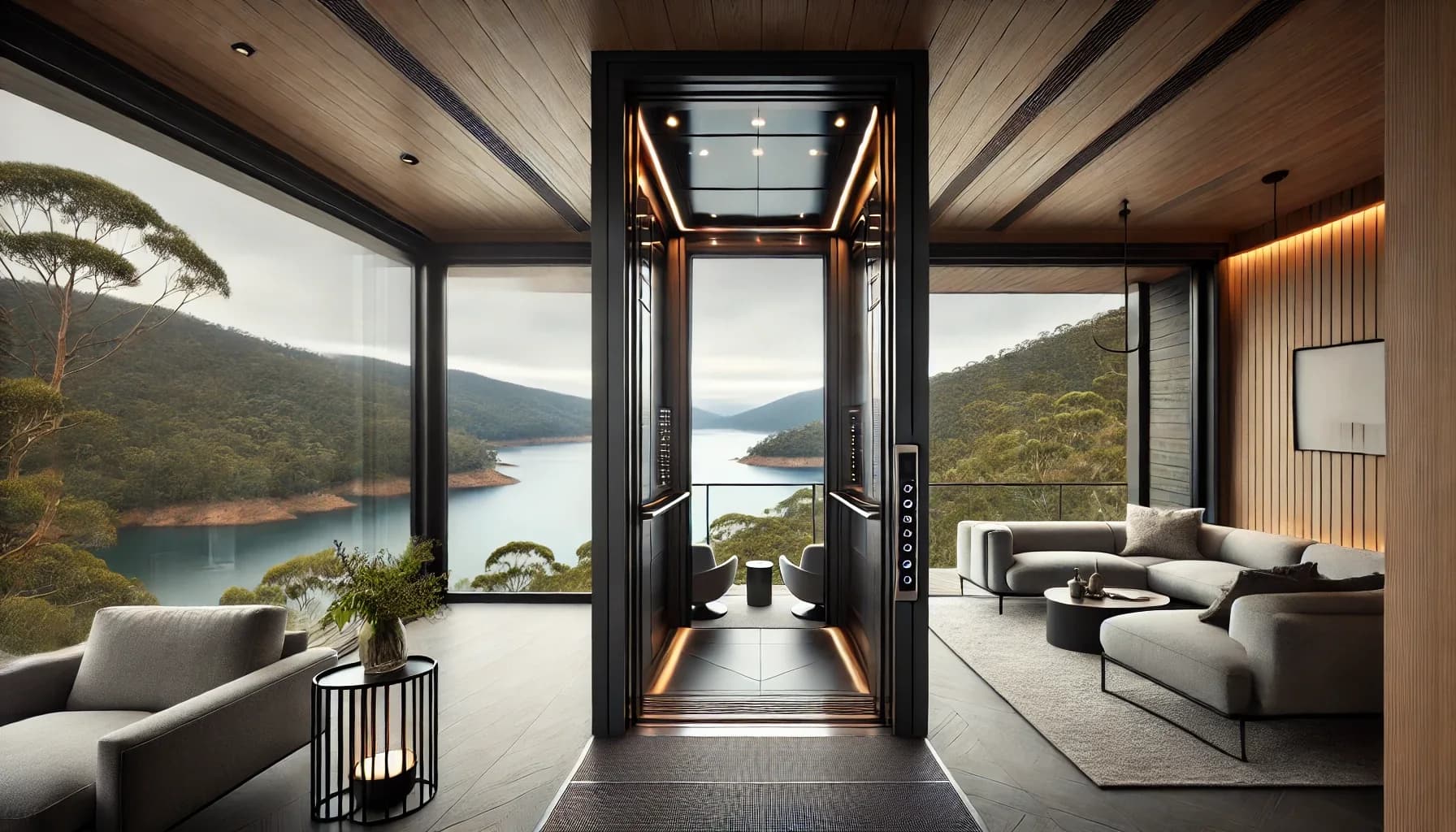 Glass home elevator within a contemporary residential interior